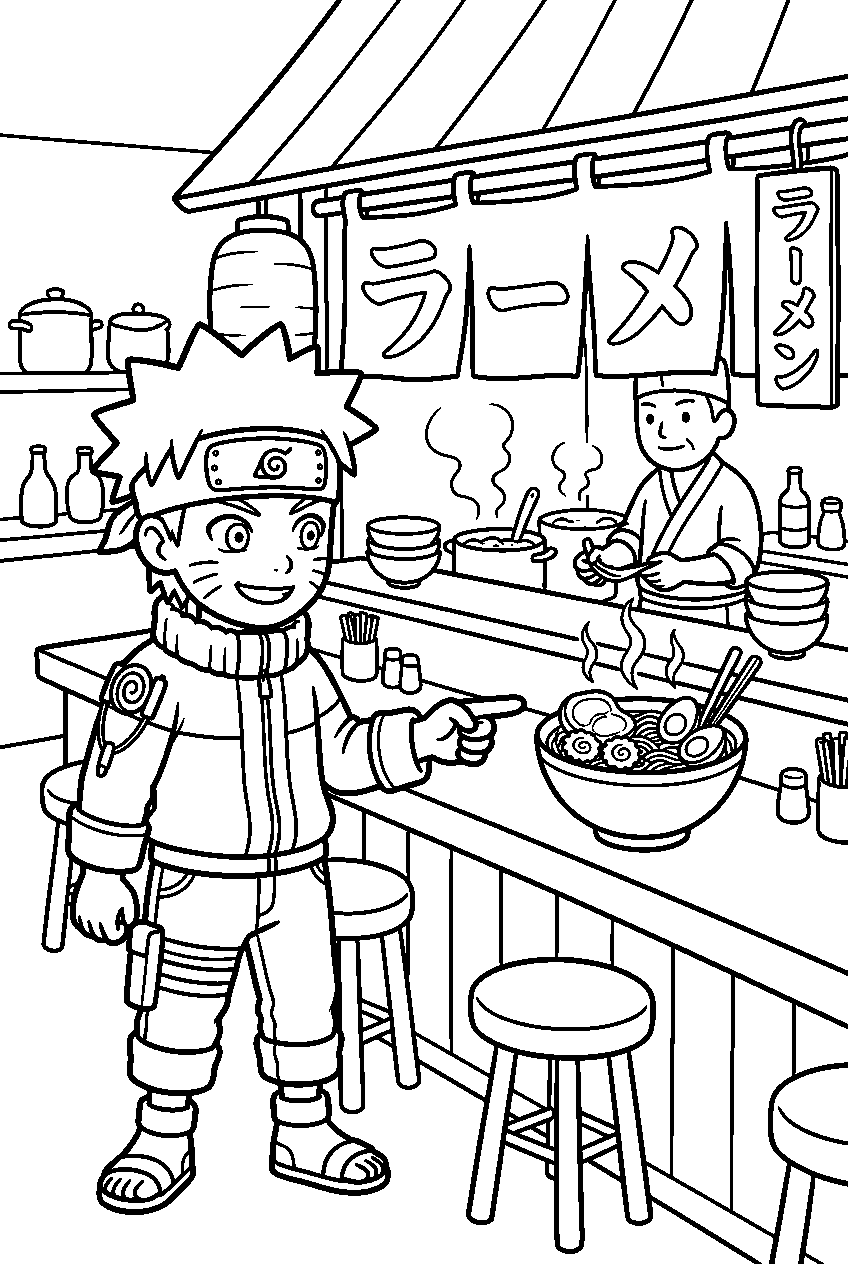 naruto pointing in ramen shop line art