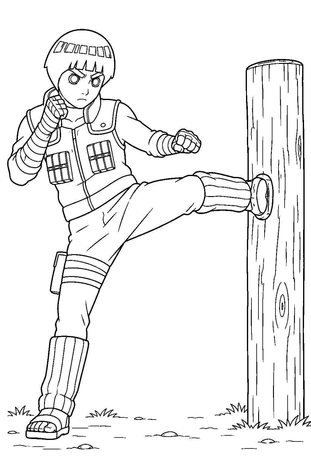 naruto rock lee practicing a kick against a wooden training post line art