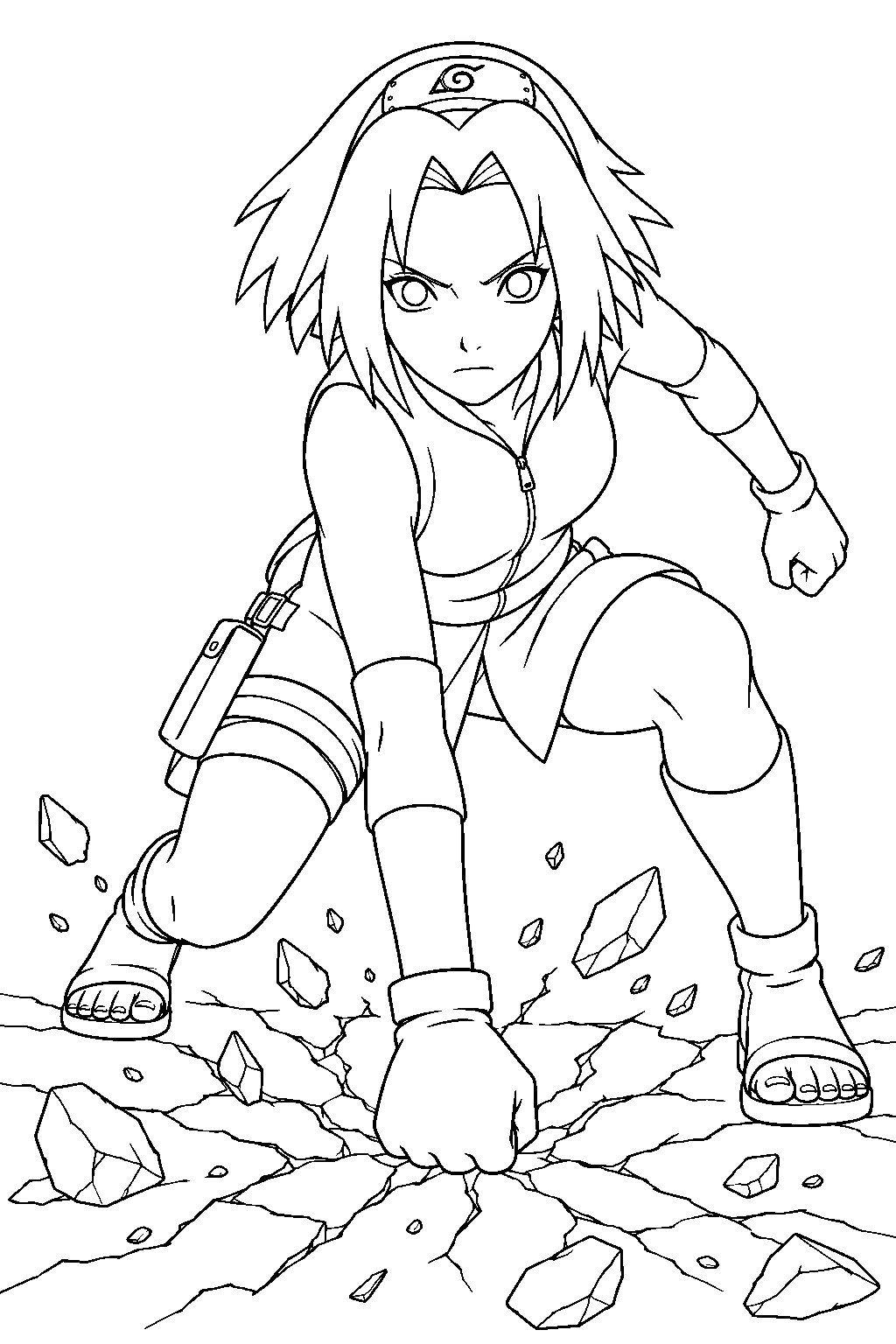 naruto sakura haruno smashing the ground with a powerful punch line art