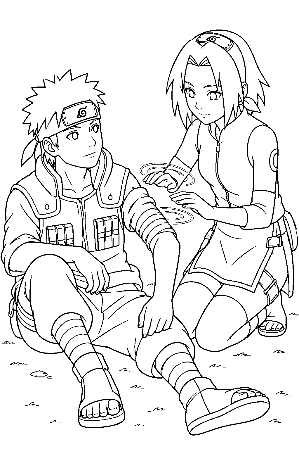 naruto sakura haruno using medical ninjutsu to heal an injured shinobi line art