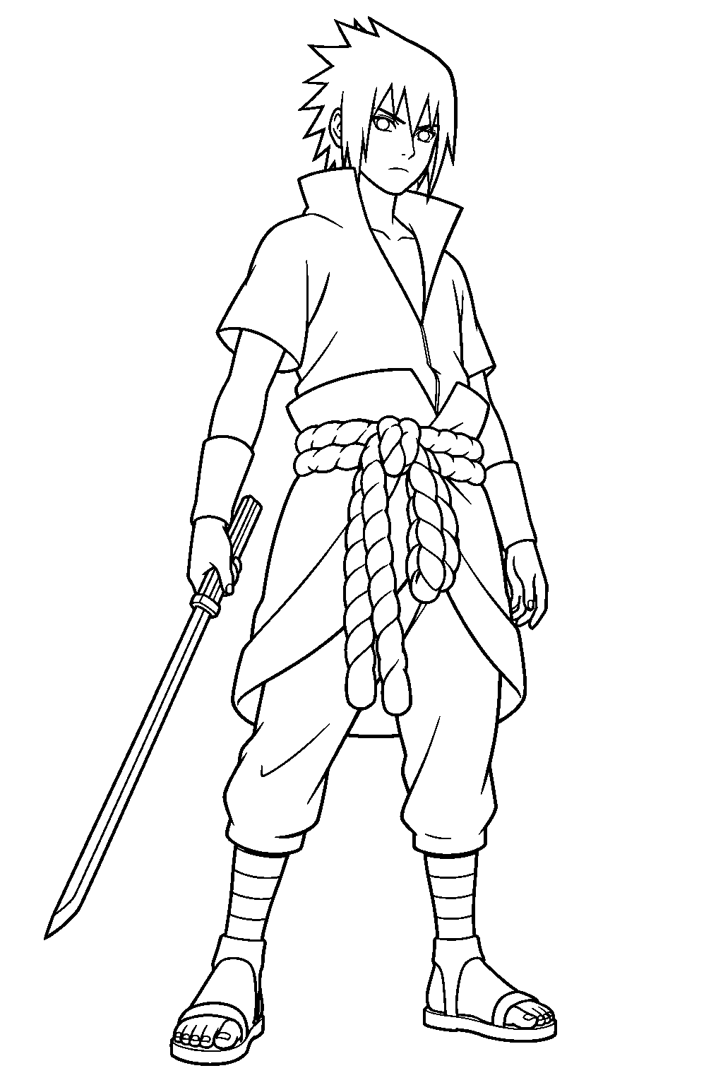 naruto sasuke uchiha holding his sword in his shippuden outfit line art
