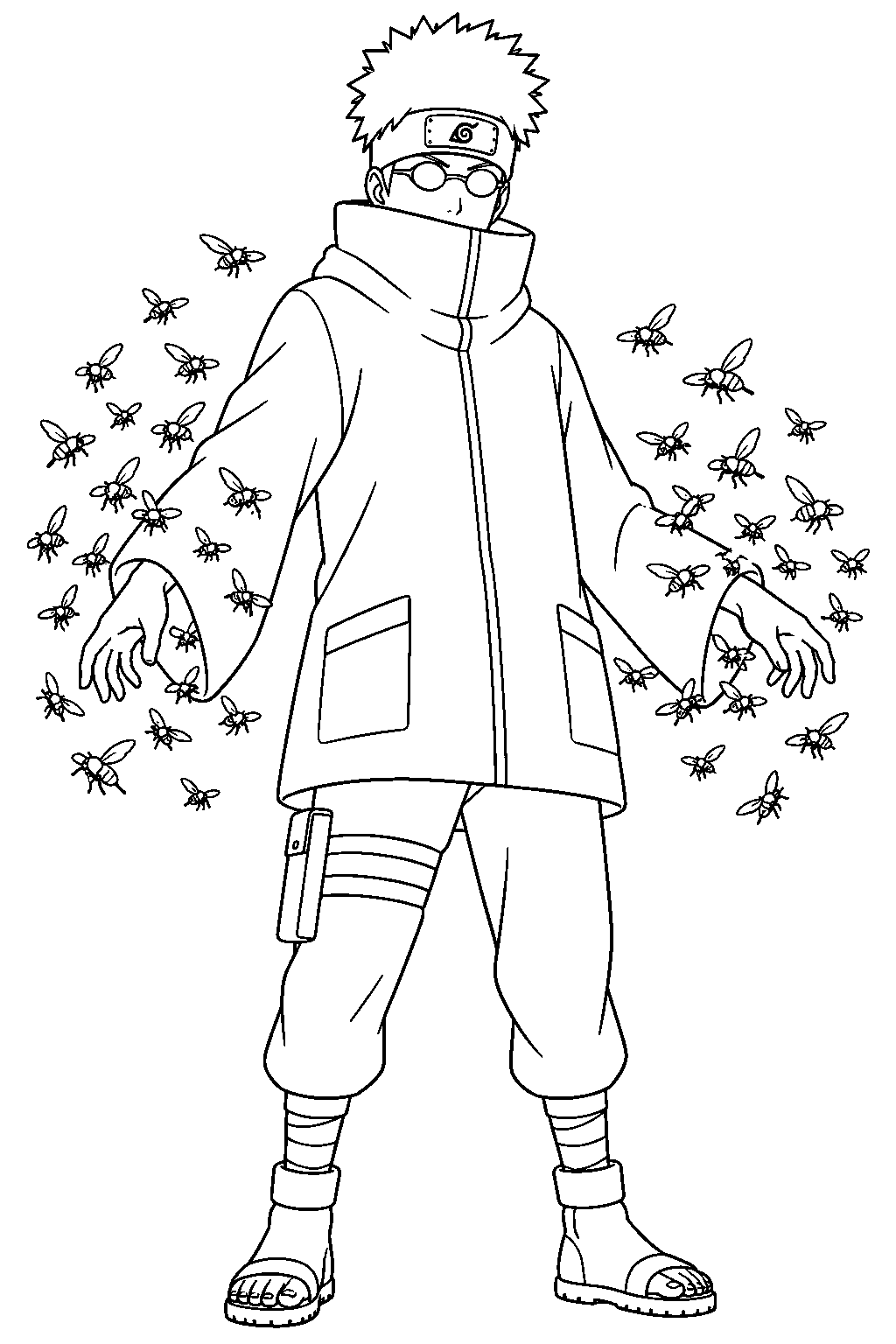 naruto shino aburame with insects circling his sleeves line art