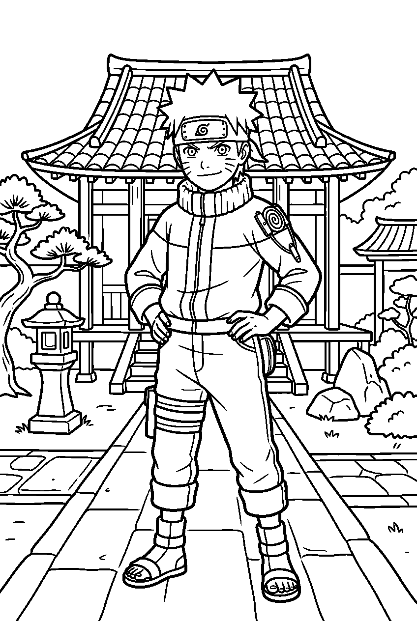 naruto standing in temple courtyard line art