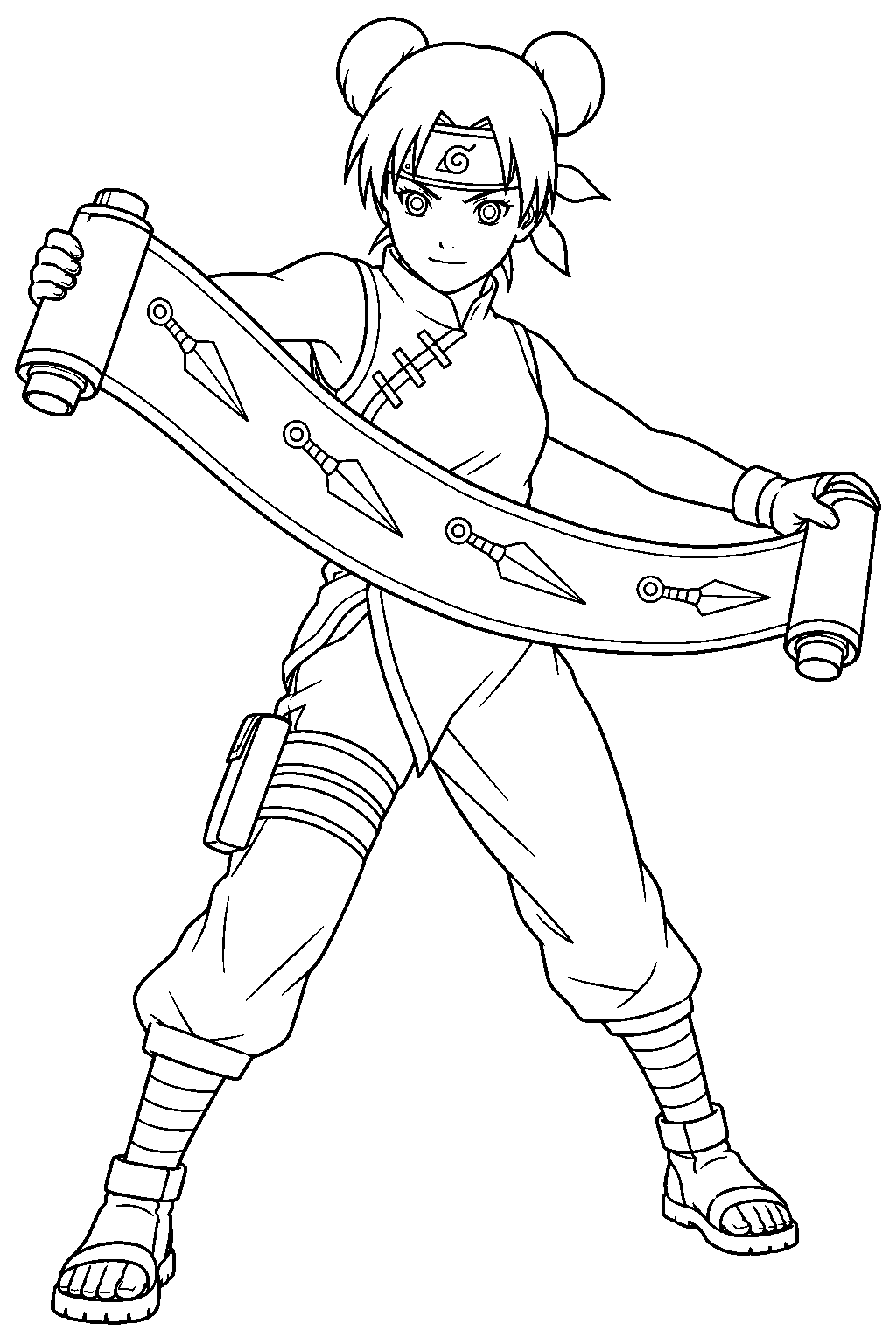 naruto tenten unrolling a weapon summoning scroll line art