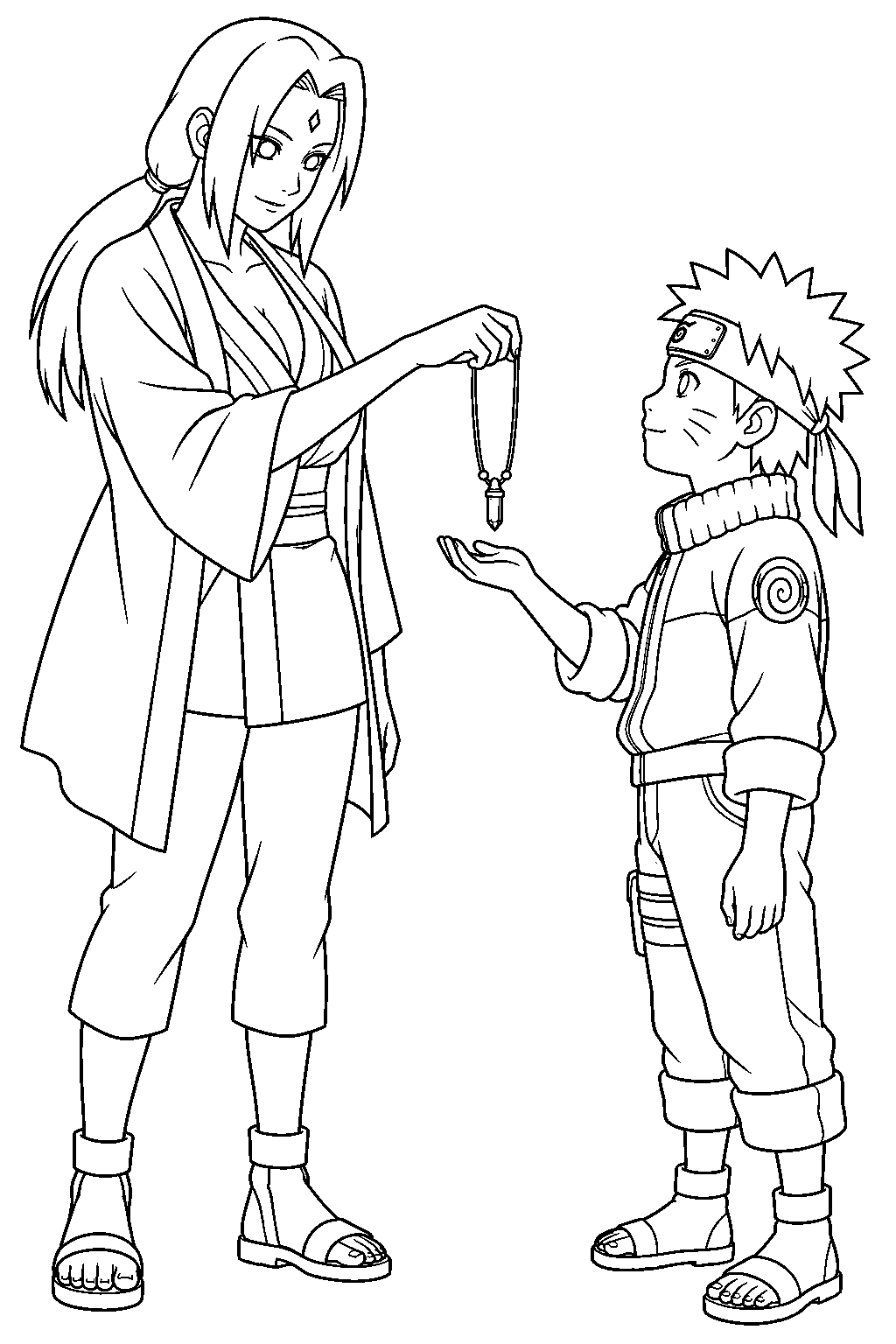 naruto tsunade giving her necklace to naruto uzumaki line art
