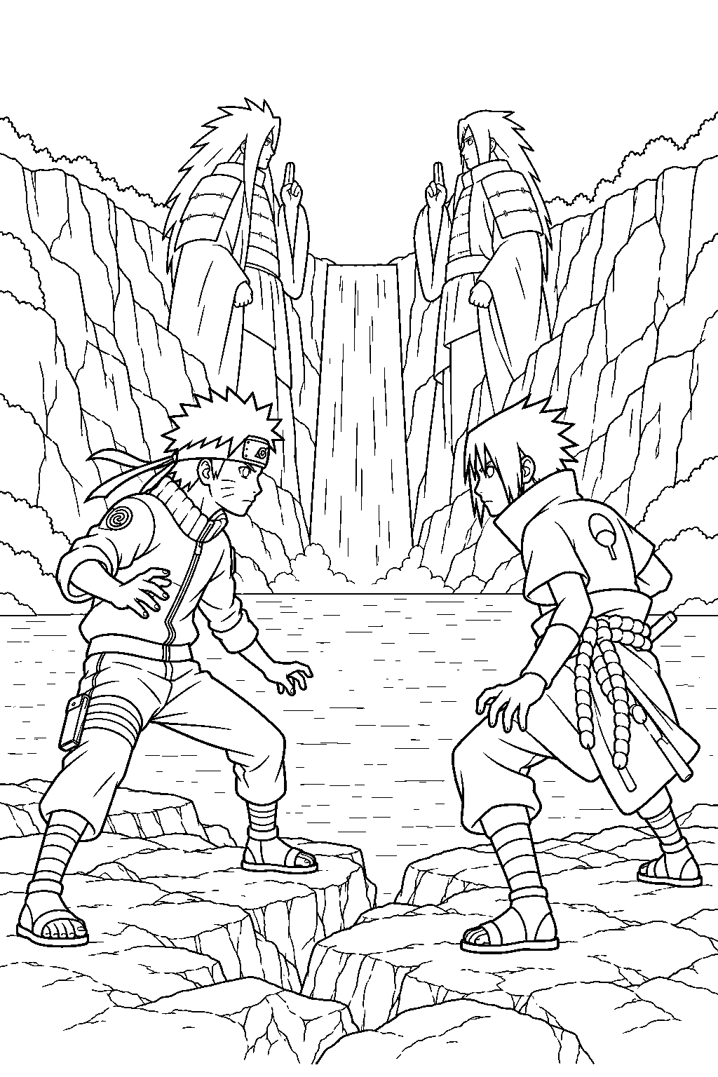 naruto uzumaki facing sasuke uchiha at the valley of the end line art