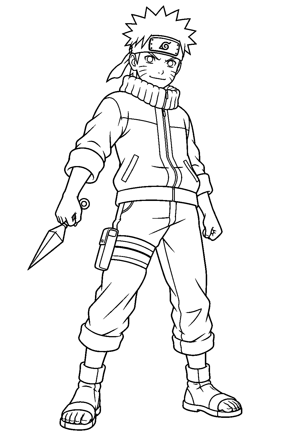 naruto uzumaki holding a kunai in his original ninja outfit line art