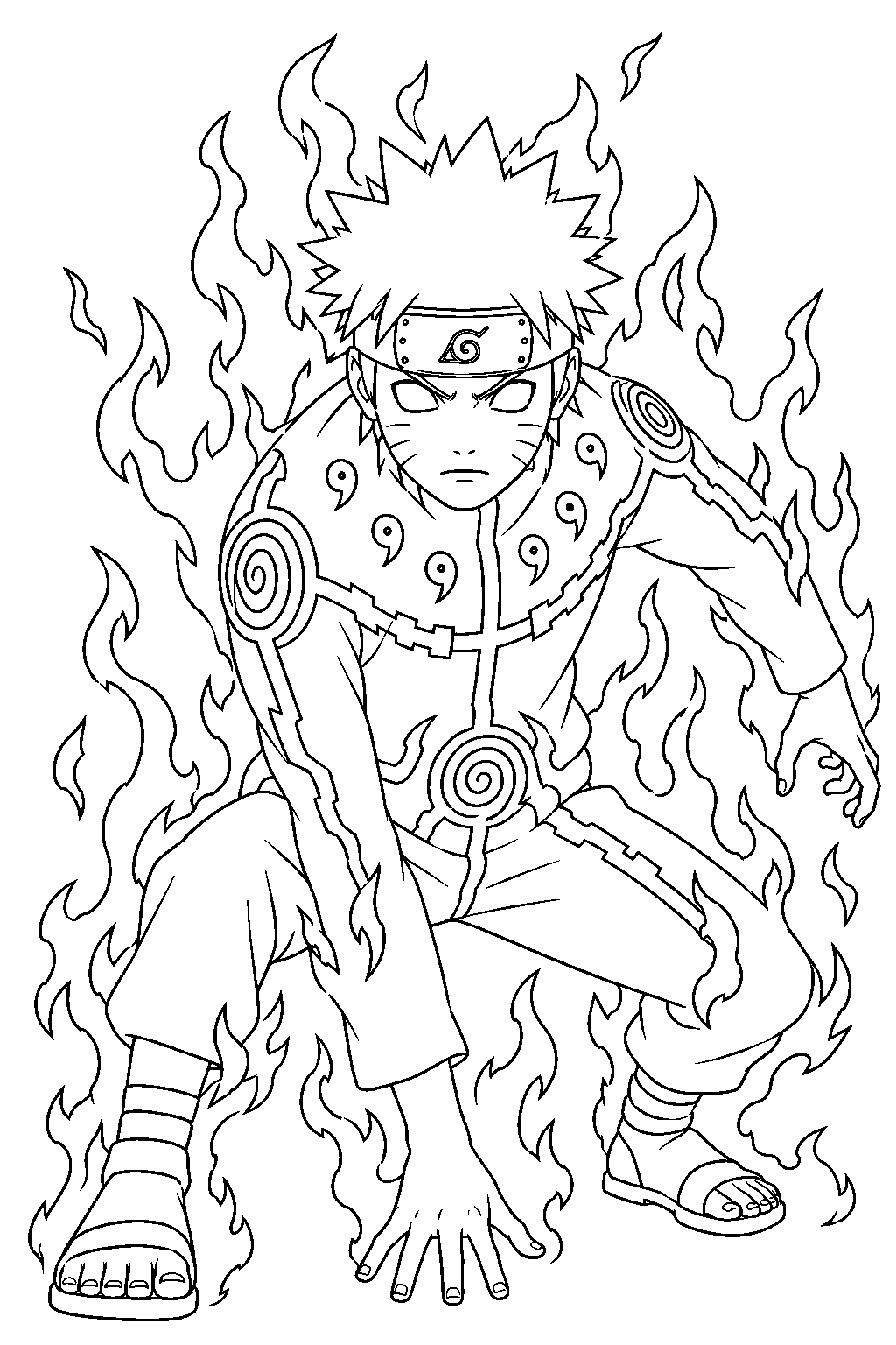 naruto uzumaki in nine tails chakra mode surrounded by chakra flames line art