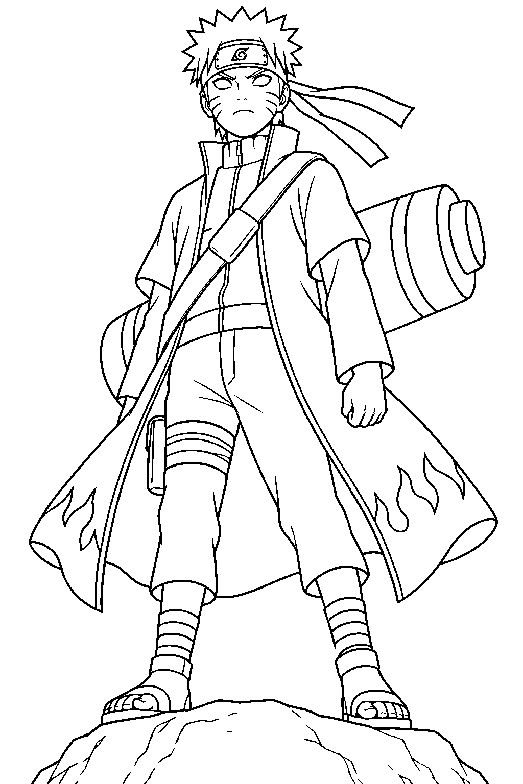 naruto uzumaki in sage mode wearing his cloak and carrying a large scroll line art