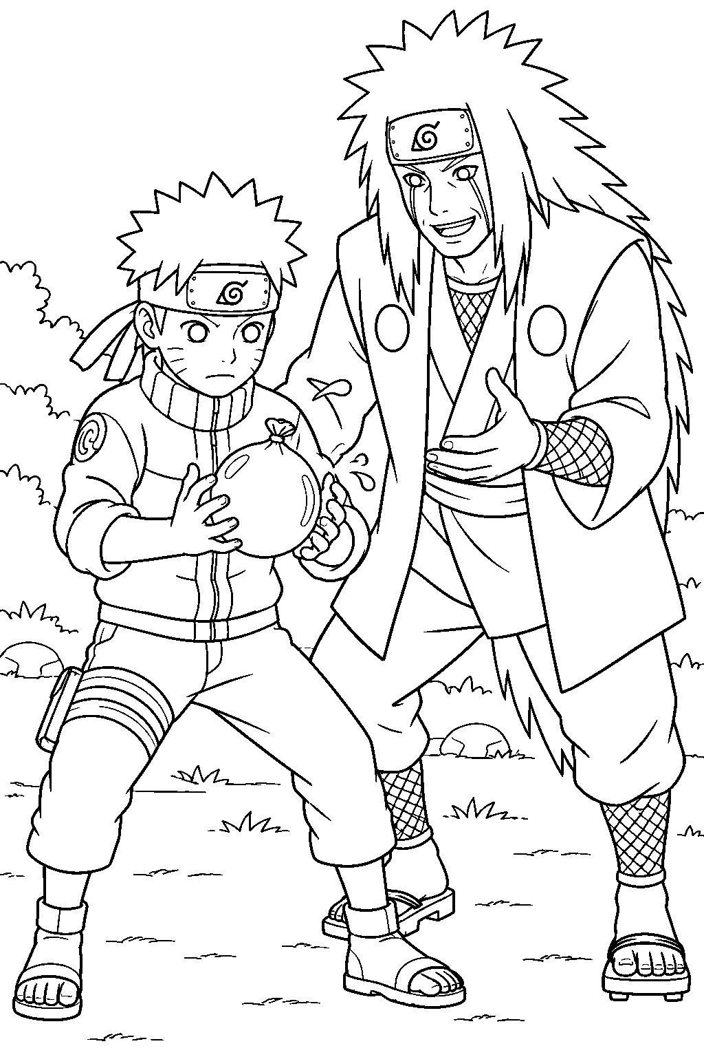 naruto uzumaki practicing with a water balloon under jiraiya s guidance line art