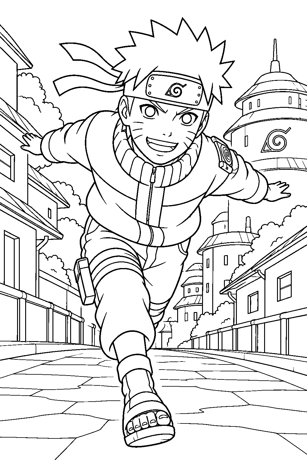 naruto uzumaki running through the hidden leaf village line art