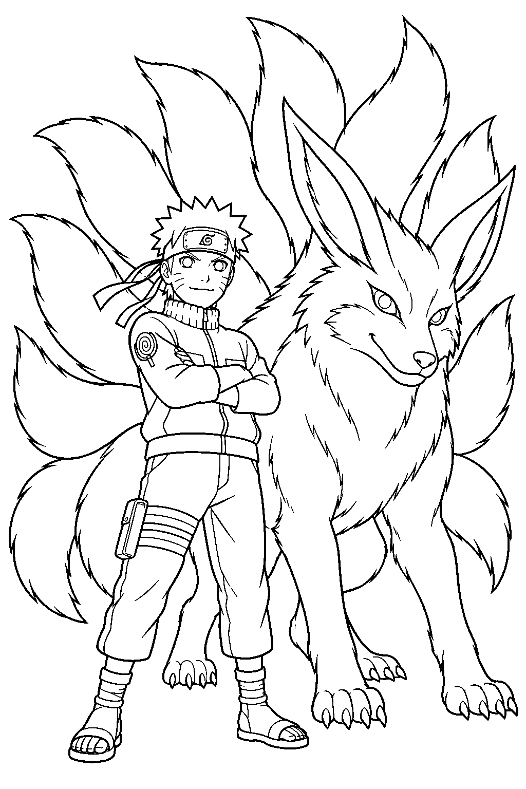 naruto uzumaki standing beside kurama the nine tailed fox line art