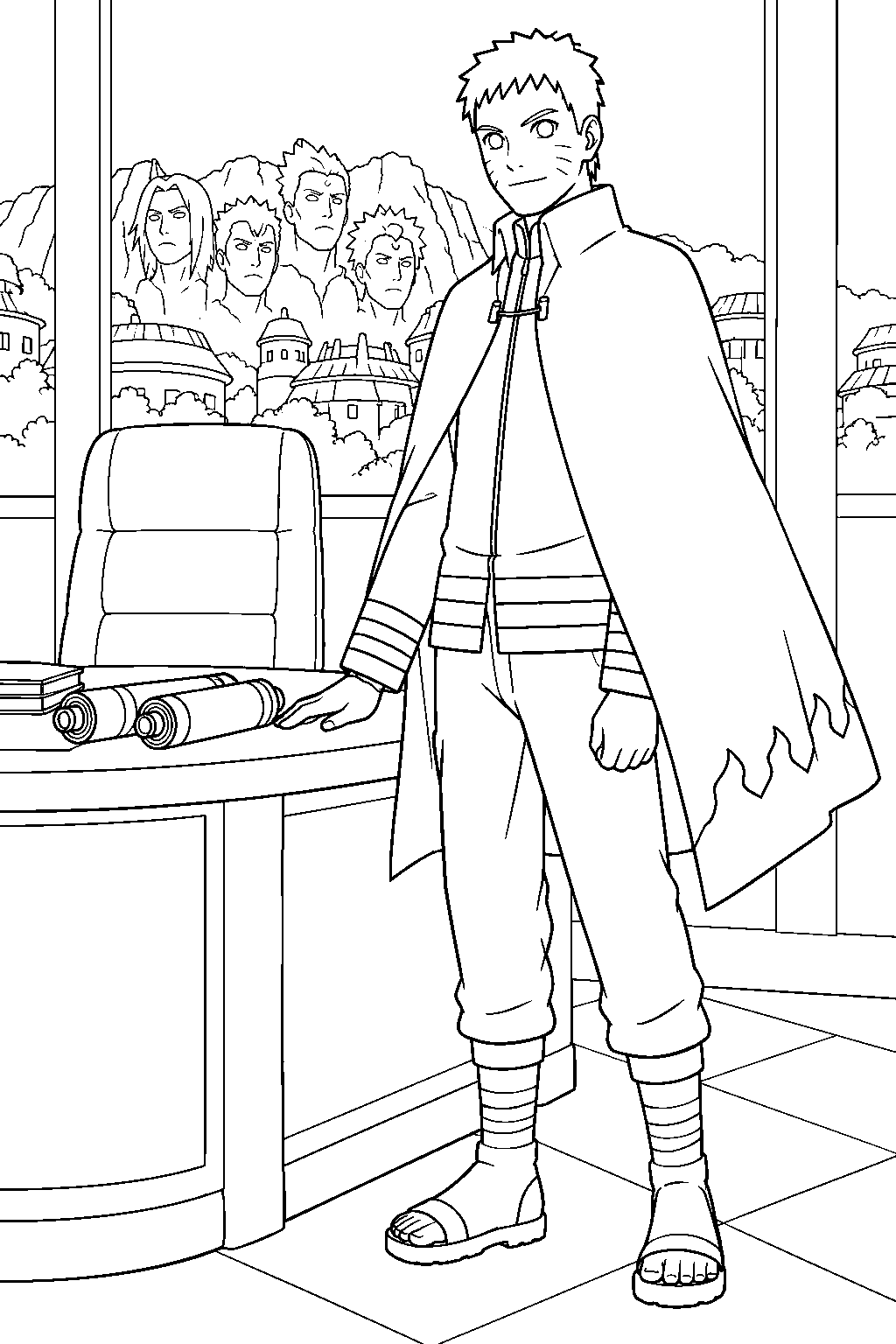 naruto uzumaki wearing his seventh hokage cloak in the hokage office line art