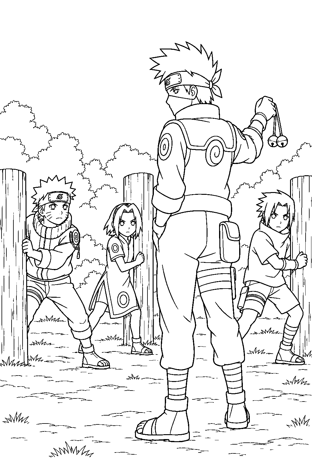 naruto uzumaki with sasuke sakura and kakashi at the bell training field line art