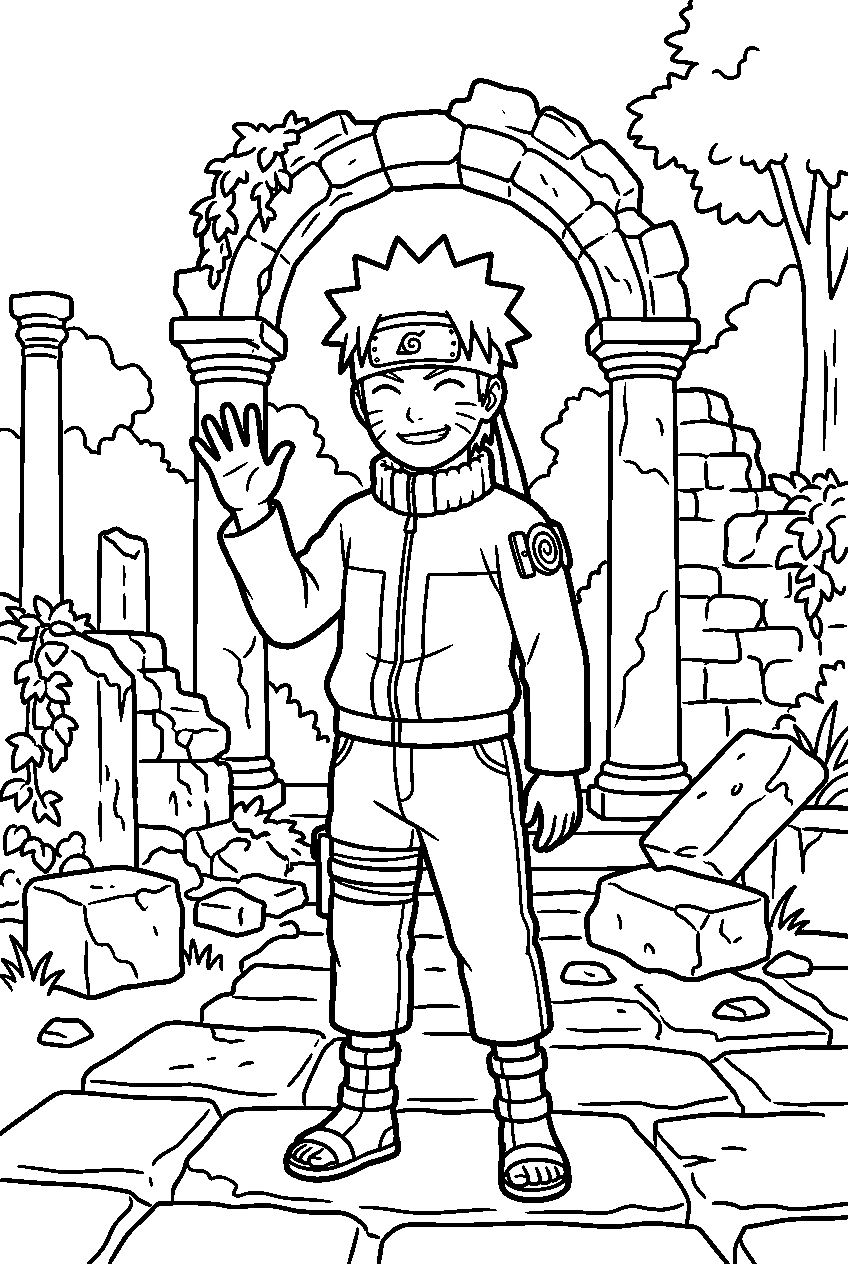 naruto waving in ancient ruins line art