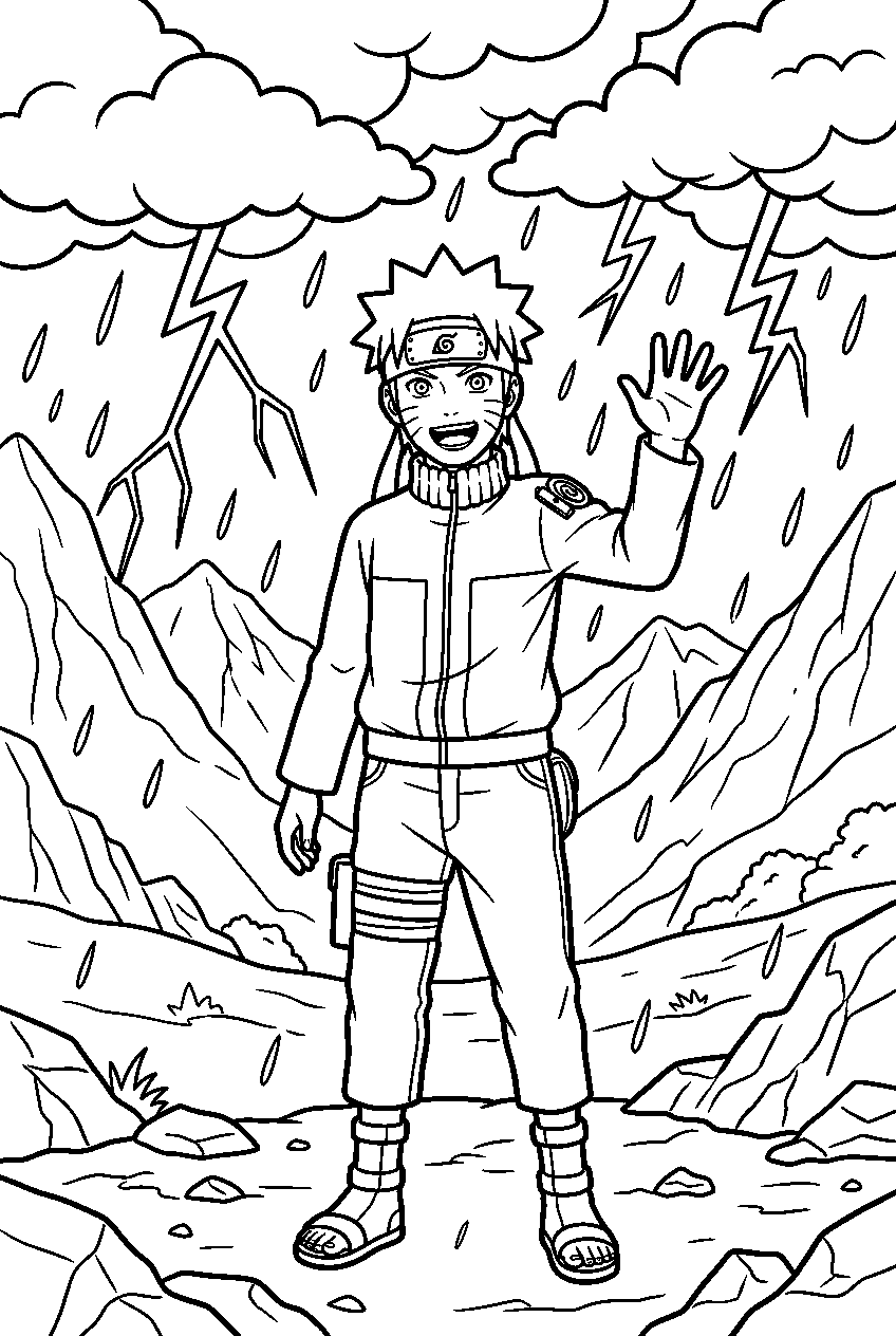naruto waving in thunderstorm valley line art