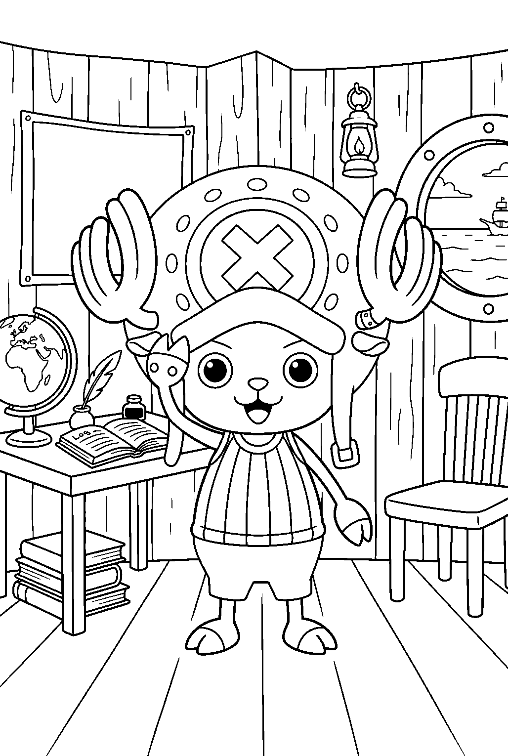 one piece chopper in captain s cabin line art