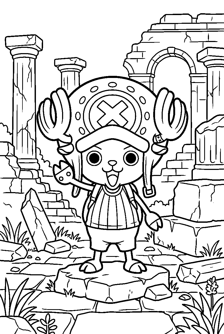 one piece chopper posing in ancient ruins line art