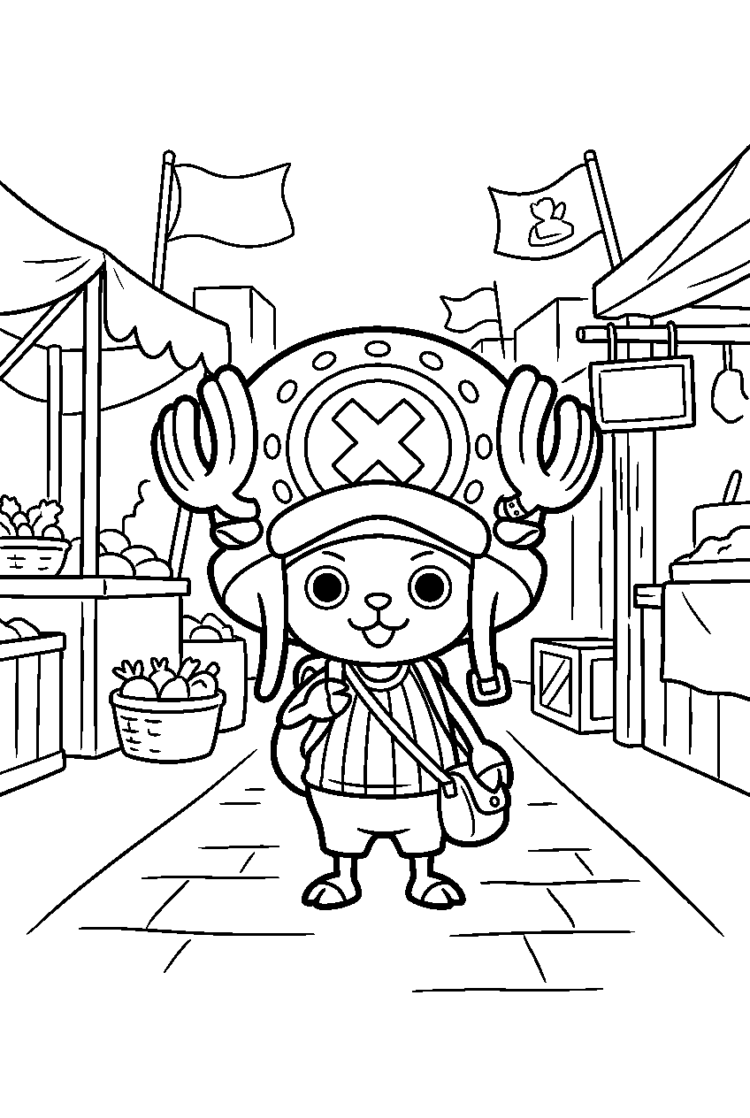 one piece chopper standing in marketplace line art