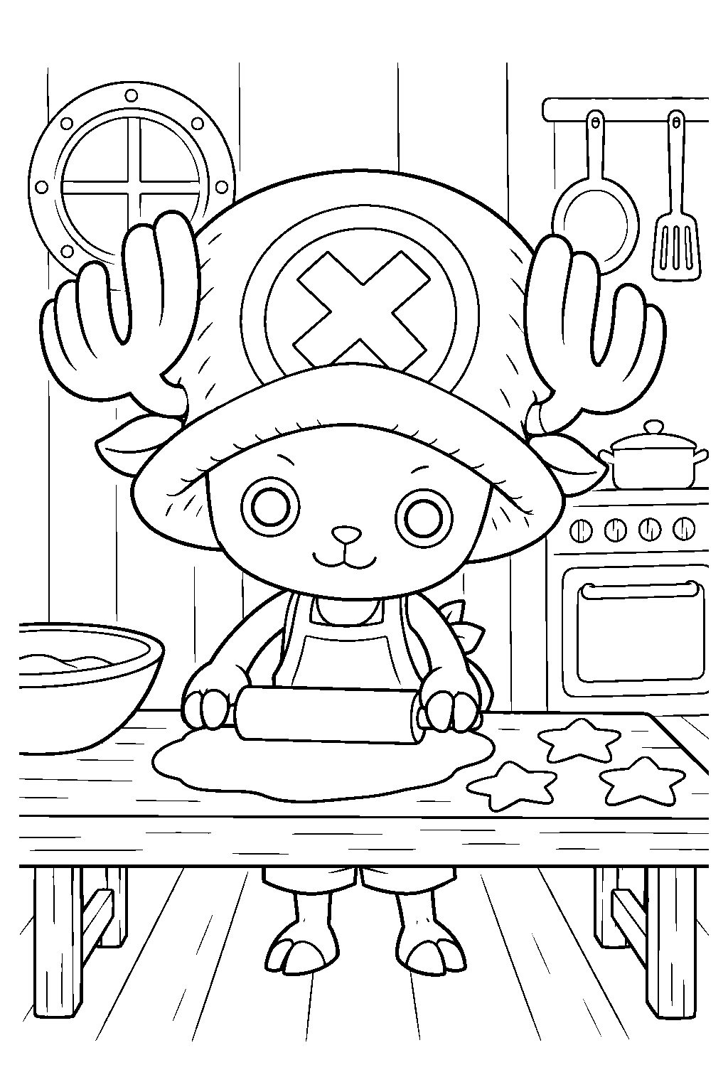 one piece tony tony chopper baking cookies in the ship kitchen line art