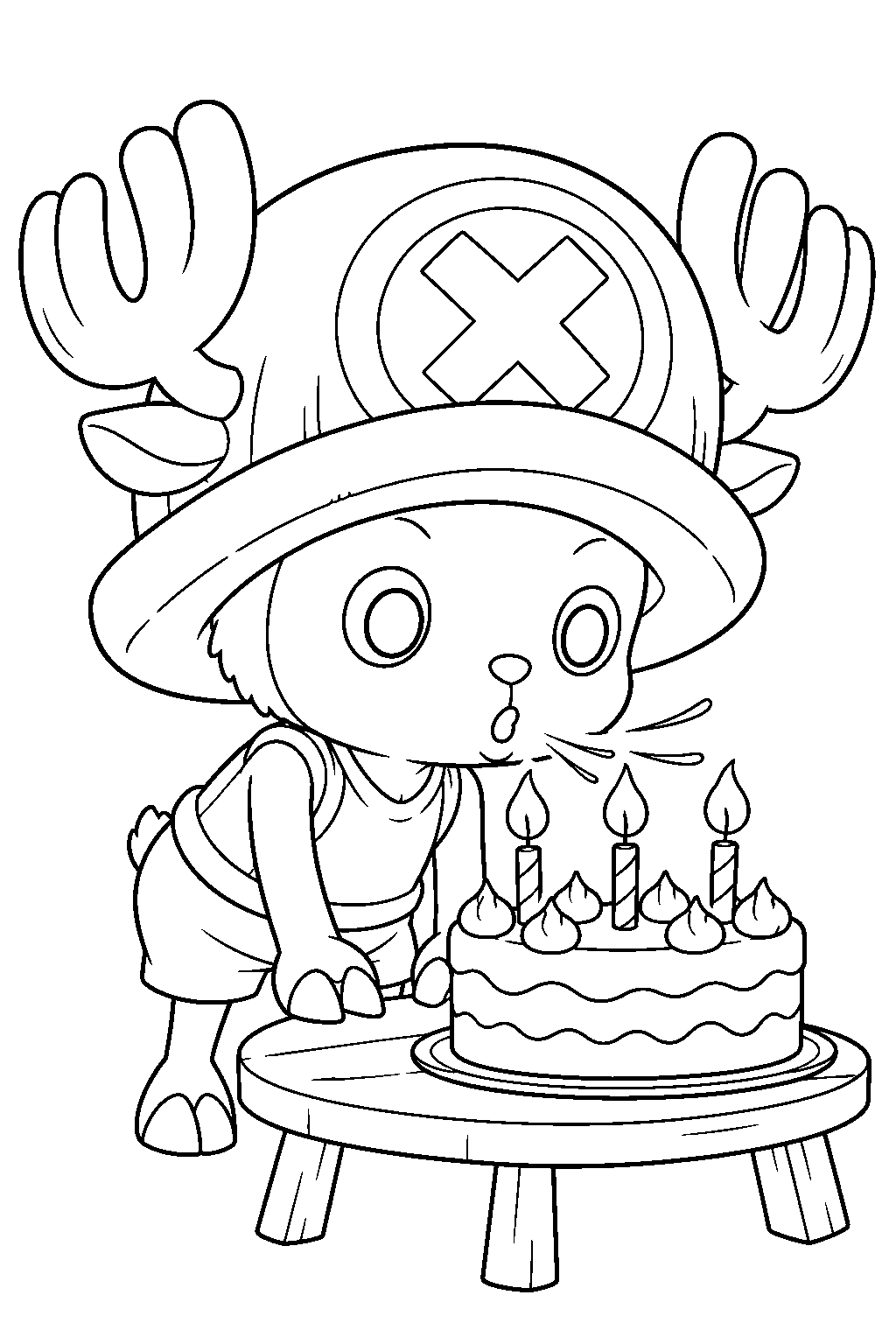 one piece tony tony chopper blowing out candles on a birthday cake line art