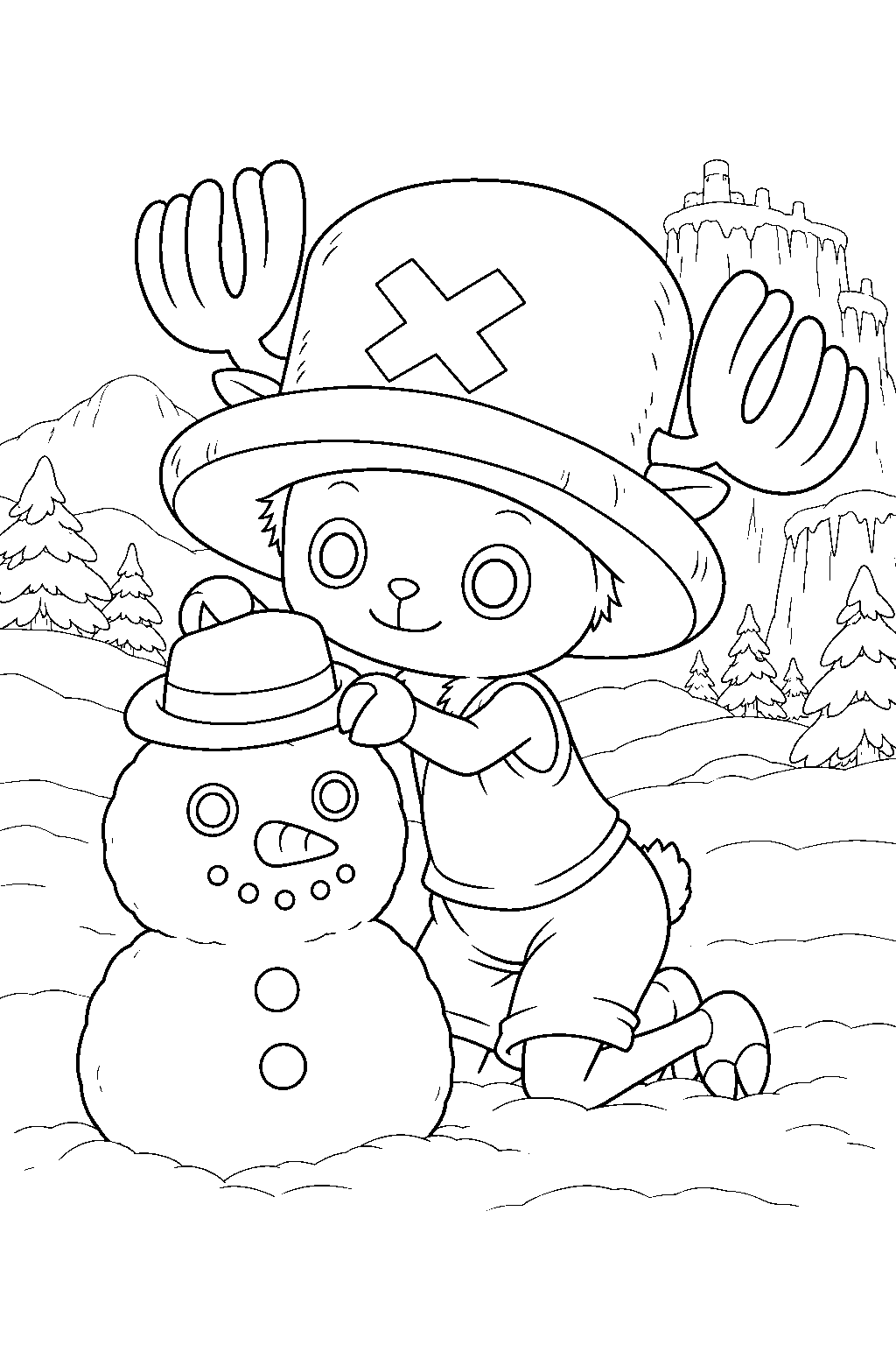 one piece tony tony chopper building a snowman on drum island line art