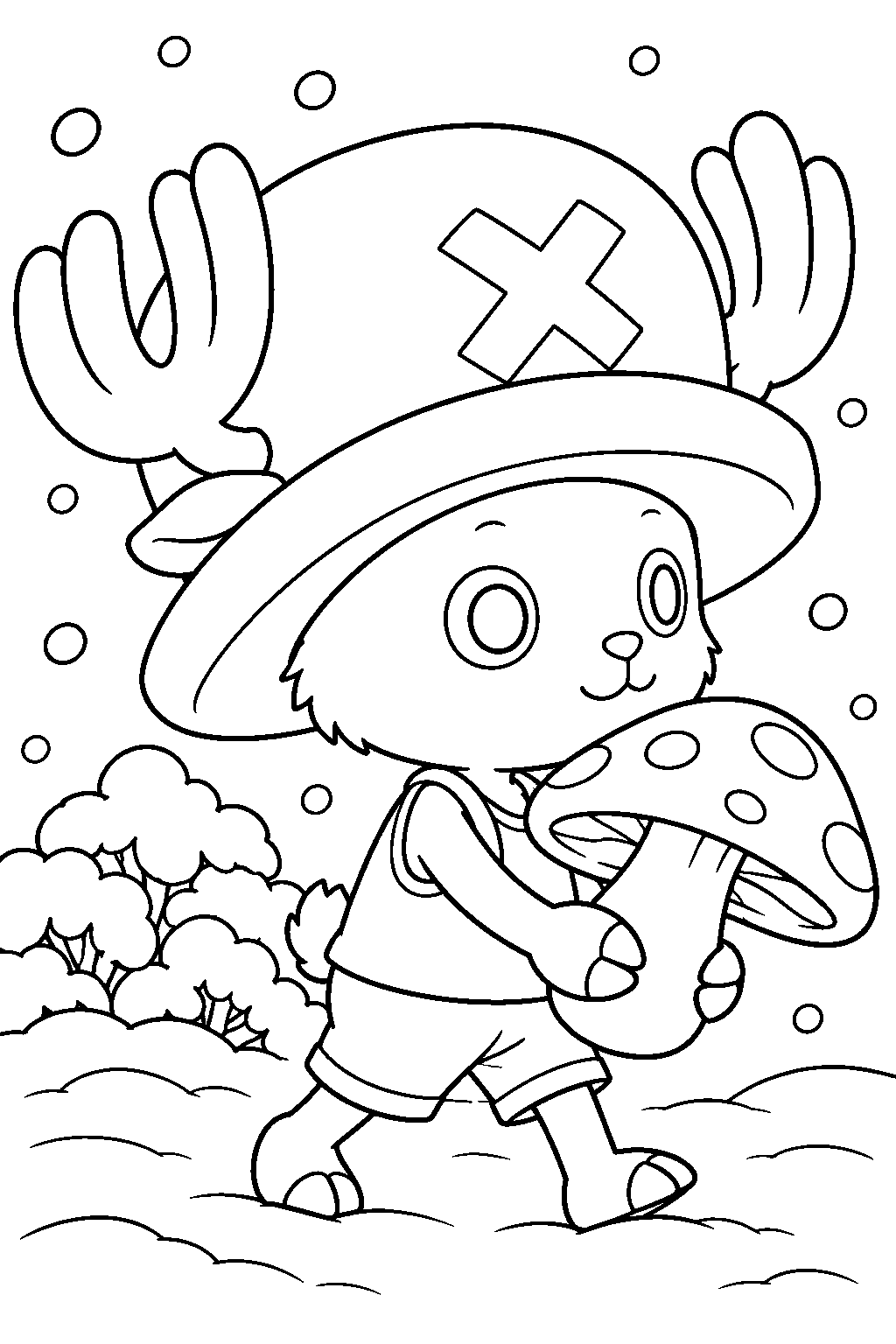 one piece tony tony chopper carrying a mushroom through the snow line art