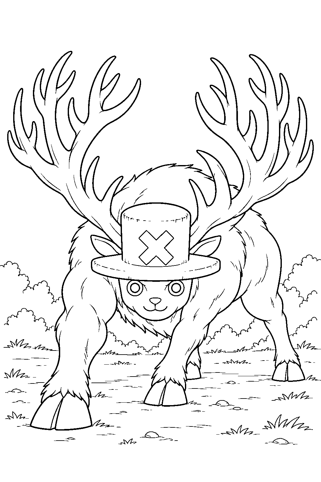 one piece tony tony chopper charging in horn point across a clearing line art