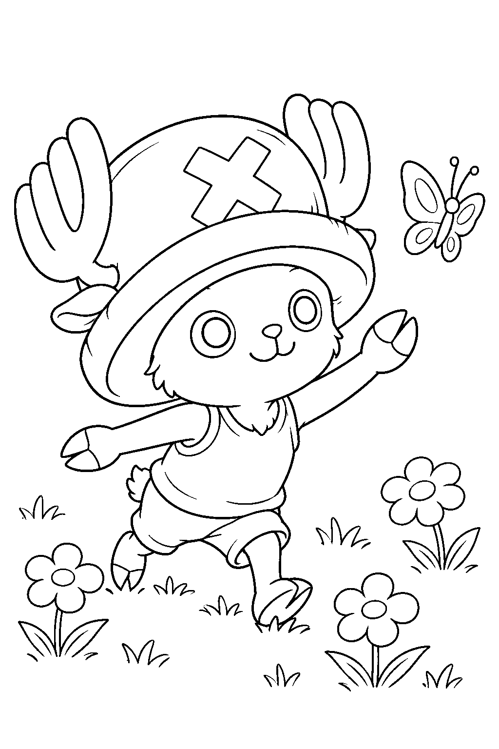 one piece tony tony chopper chasing a butterfly in a flower meadow line art