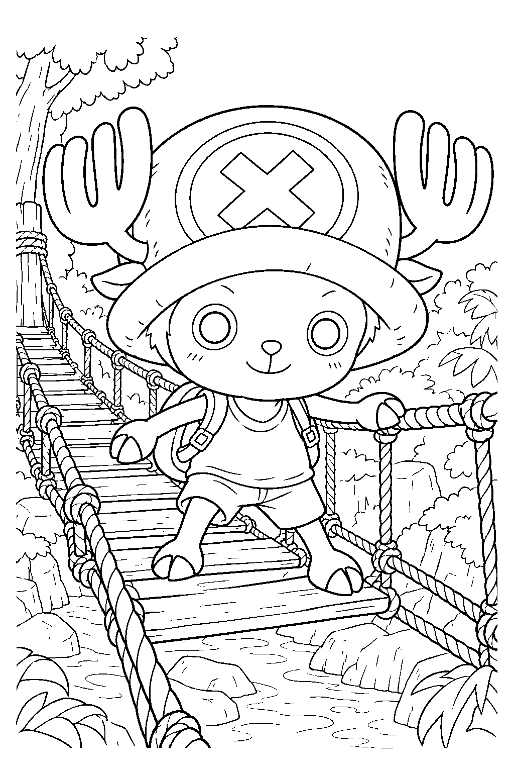 one piece tony tony chopper crossing a rope bridge in the jungle line art