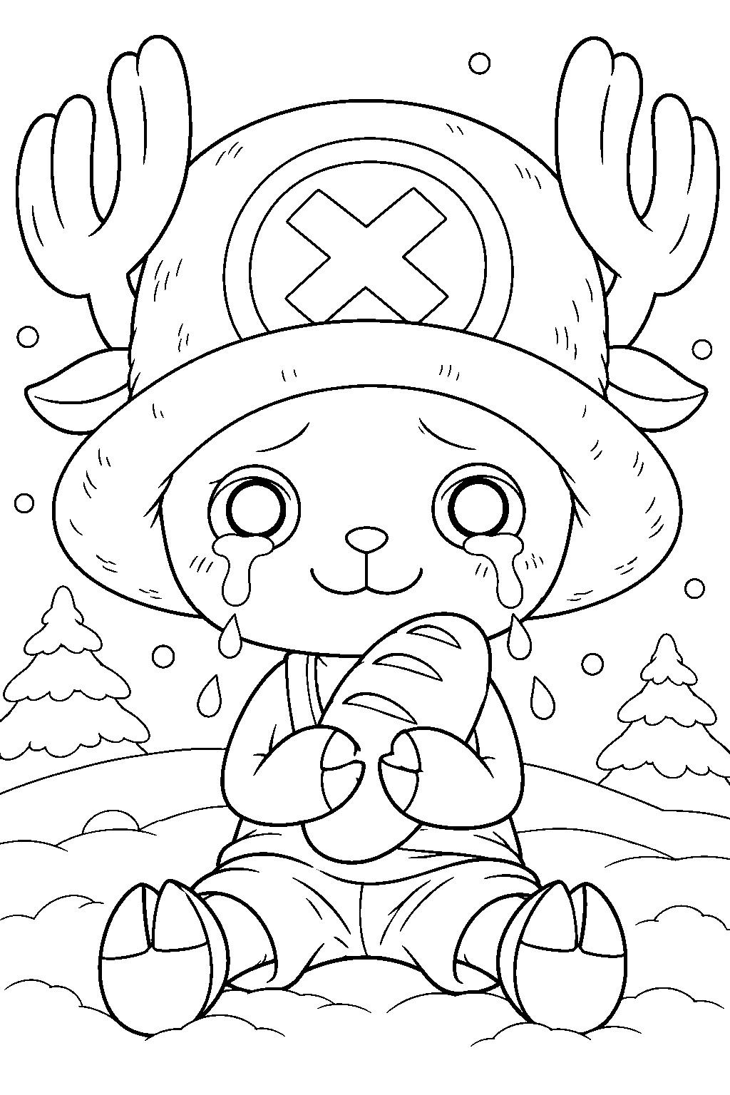 one piece tony tony chopper crying while holding bread on drum island line art