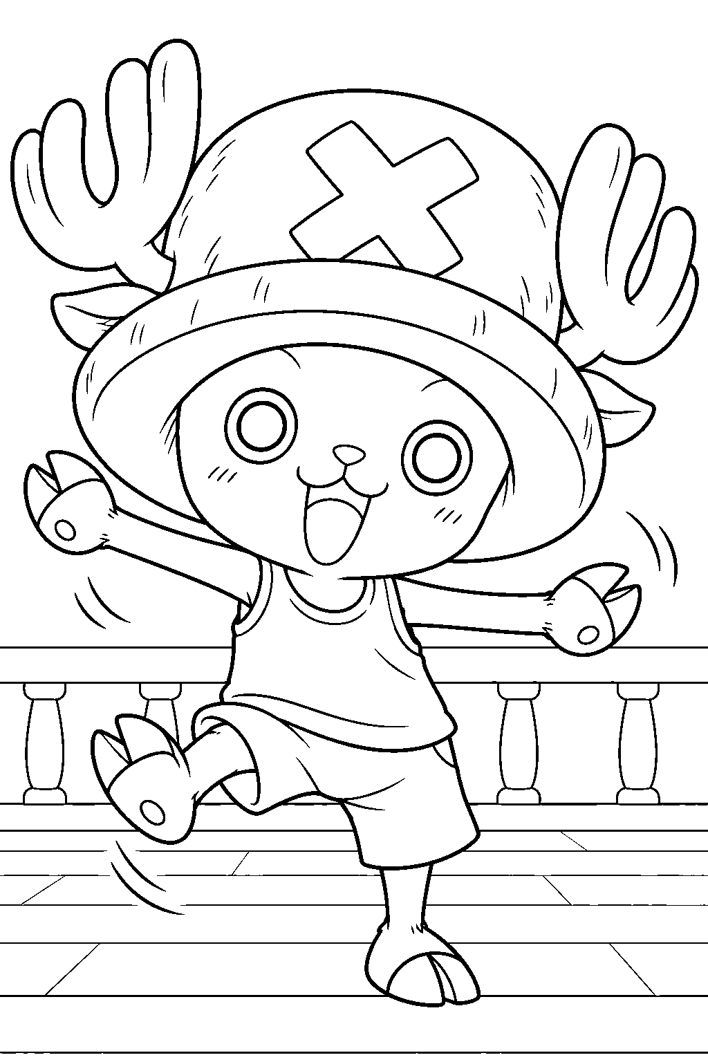 one piece tony tony chopper dancing on the ship deck line art