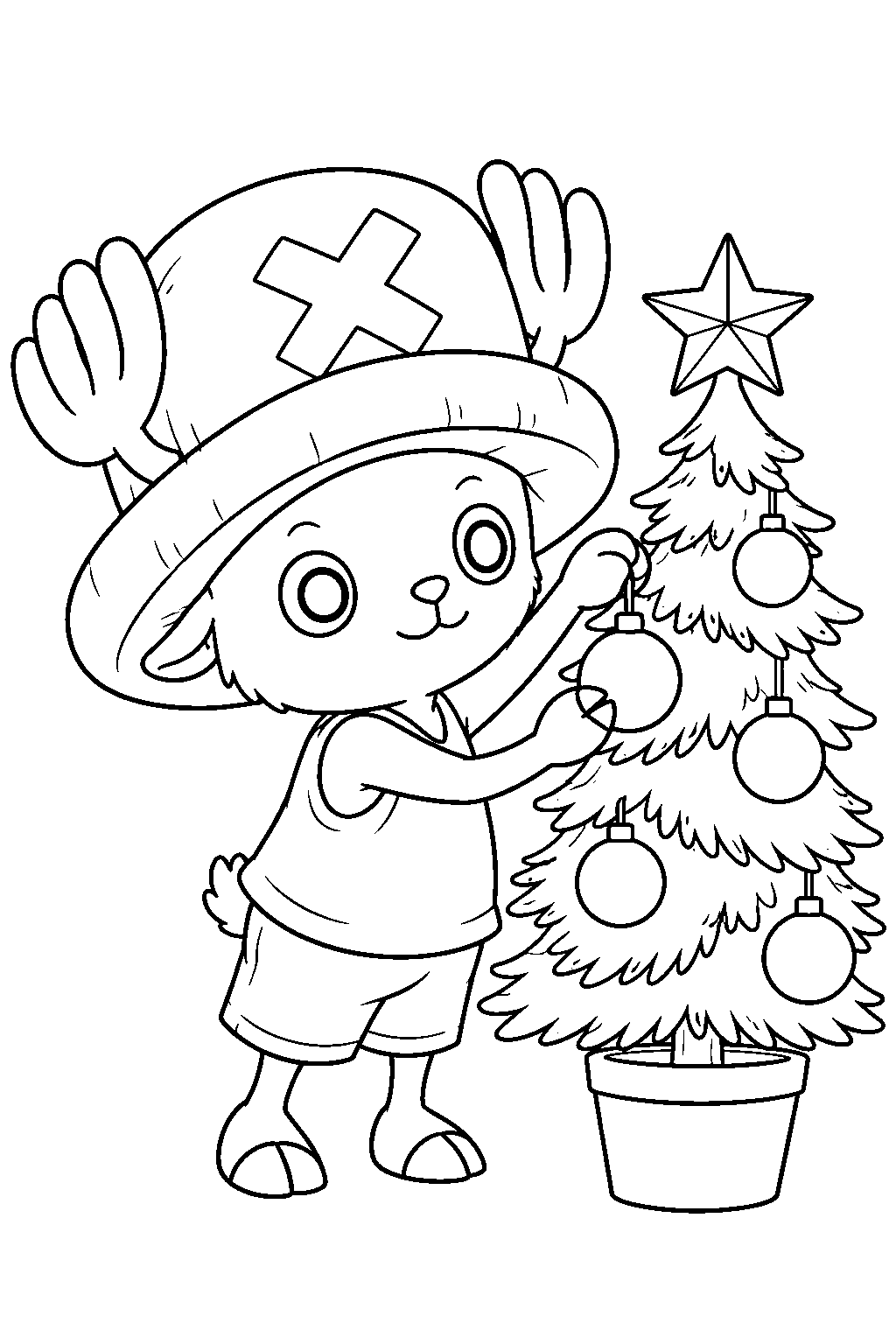 one piece tony tony chopper decorating a christmas tree line art