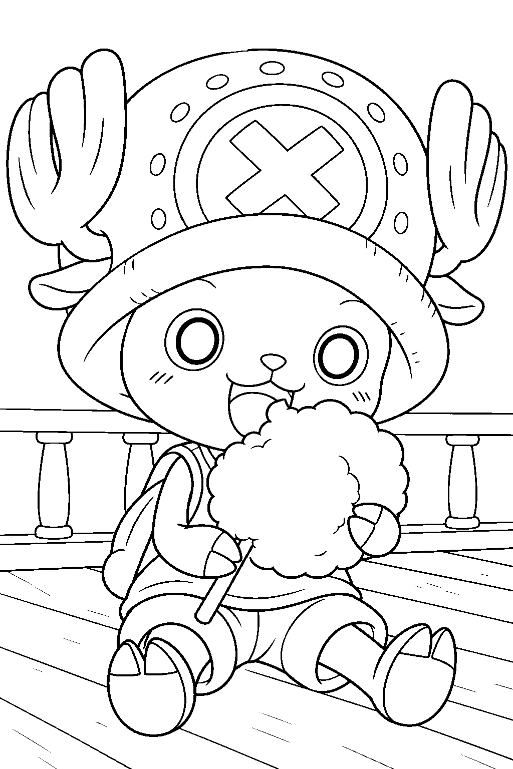 one piece tony tony chopper eating cotton candy on the ship deck line art