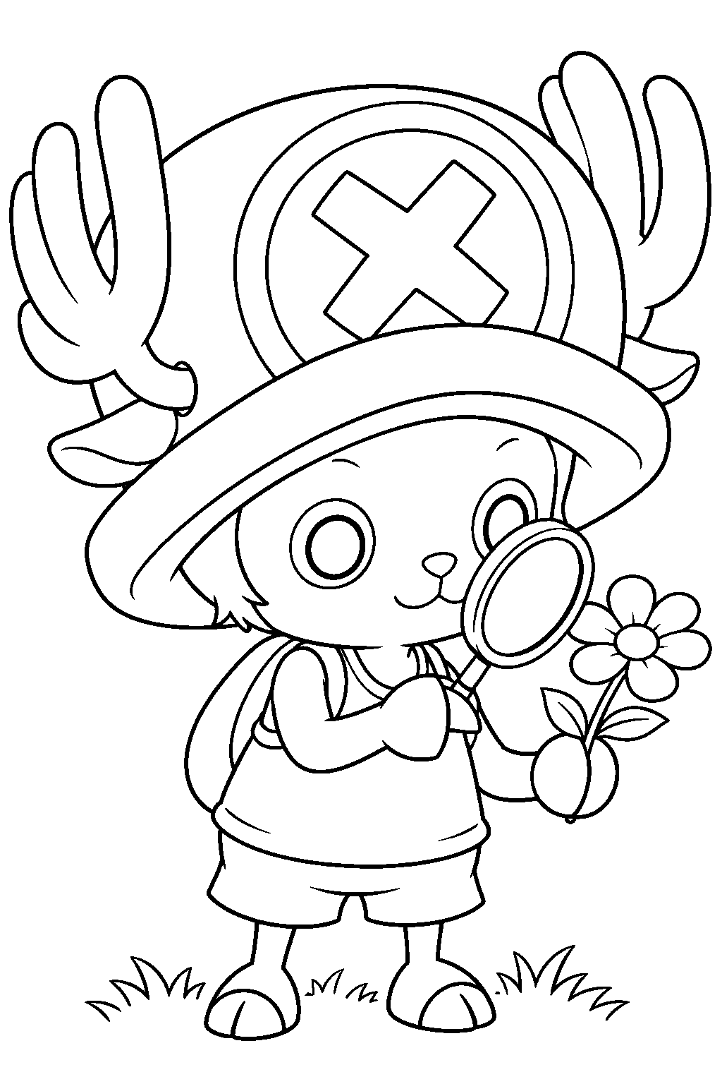 one piece tony tony chopper examining a flower with a magnifying glass line art