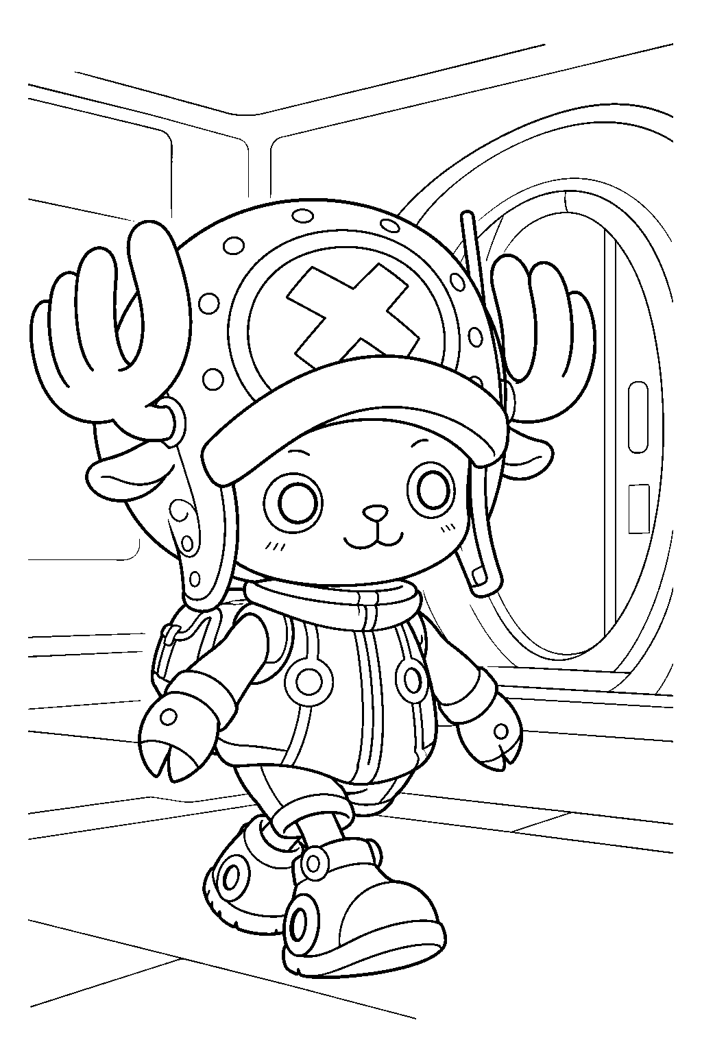 one piece tony tony chopper exploring egghead in his futuristic outfit line art