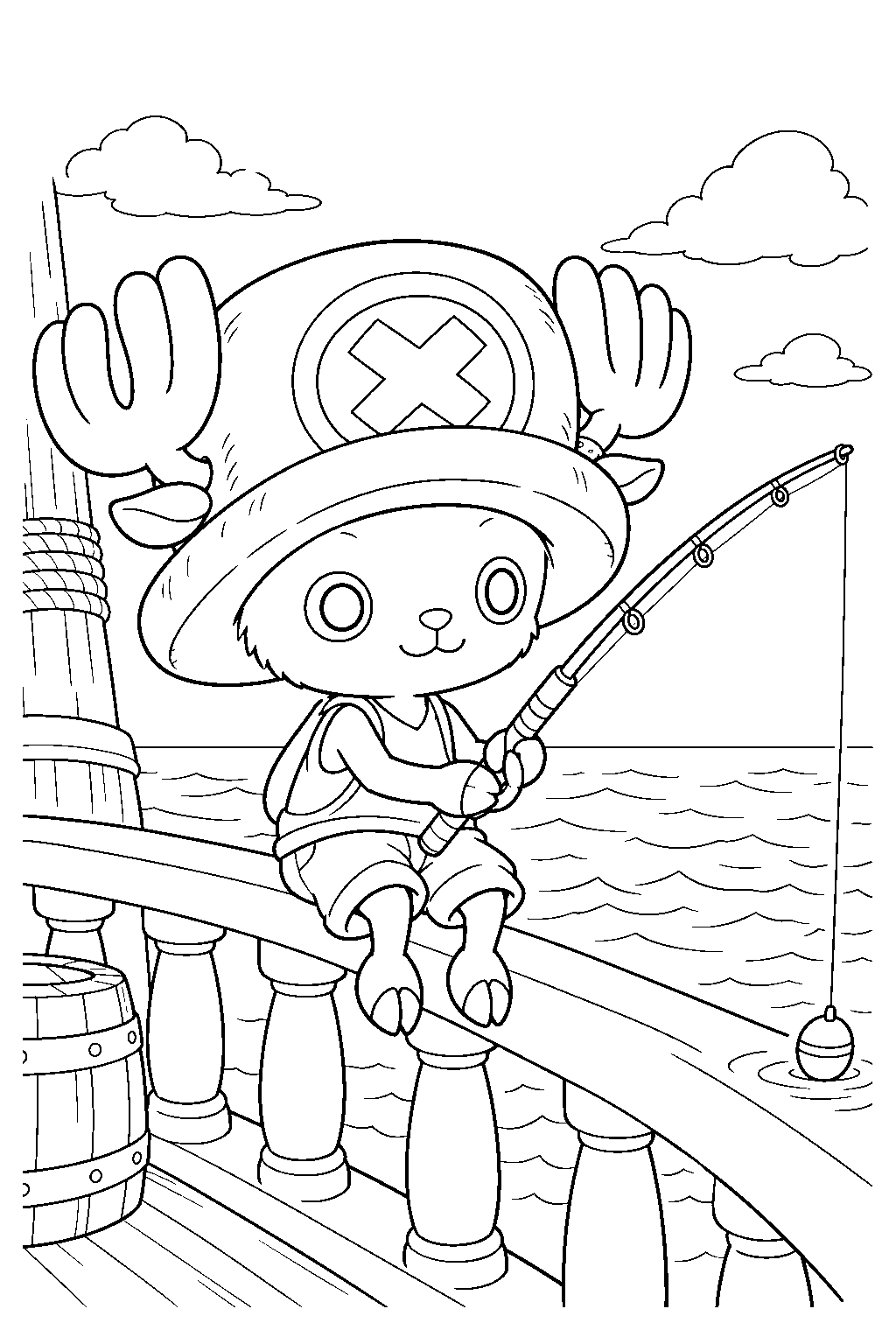 one piece tony tony chopper fishing from the ship railing line art