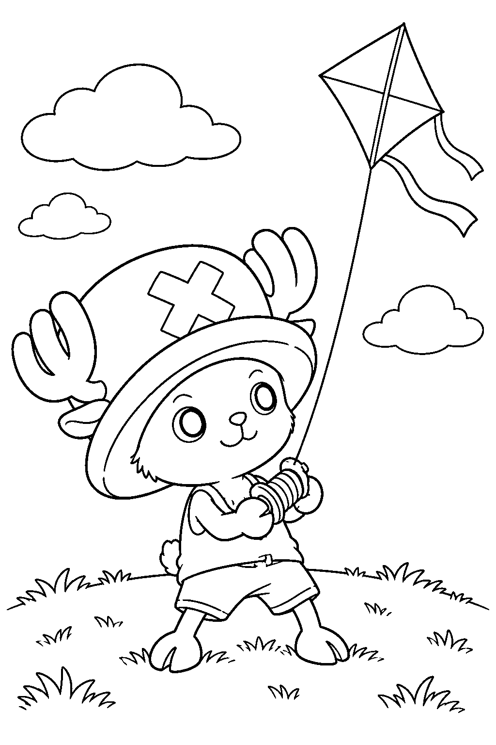 one piece tony tony chopper flying a kite on a grassy hill line art