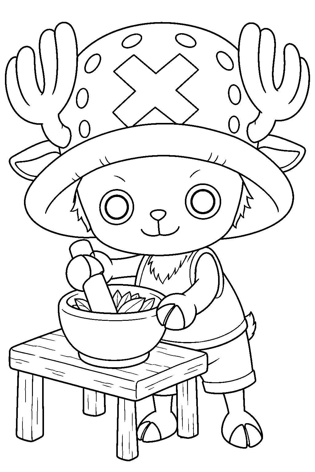 one piece tony tony chopper grinding herbs with a mortar and pestle line art