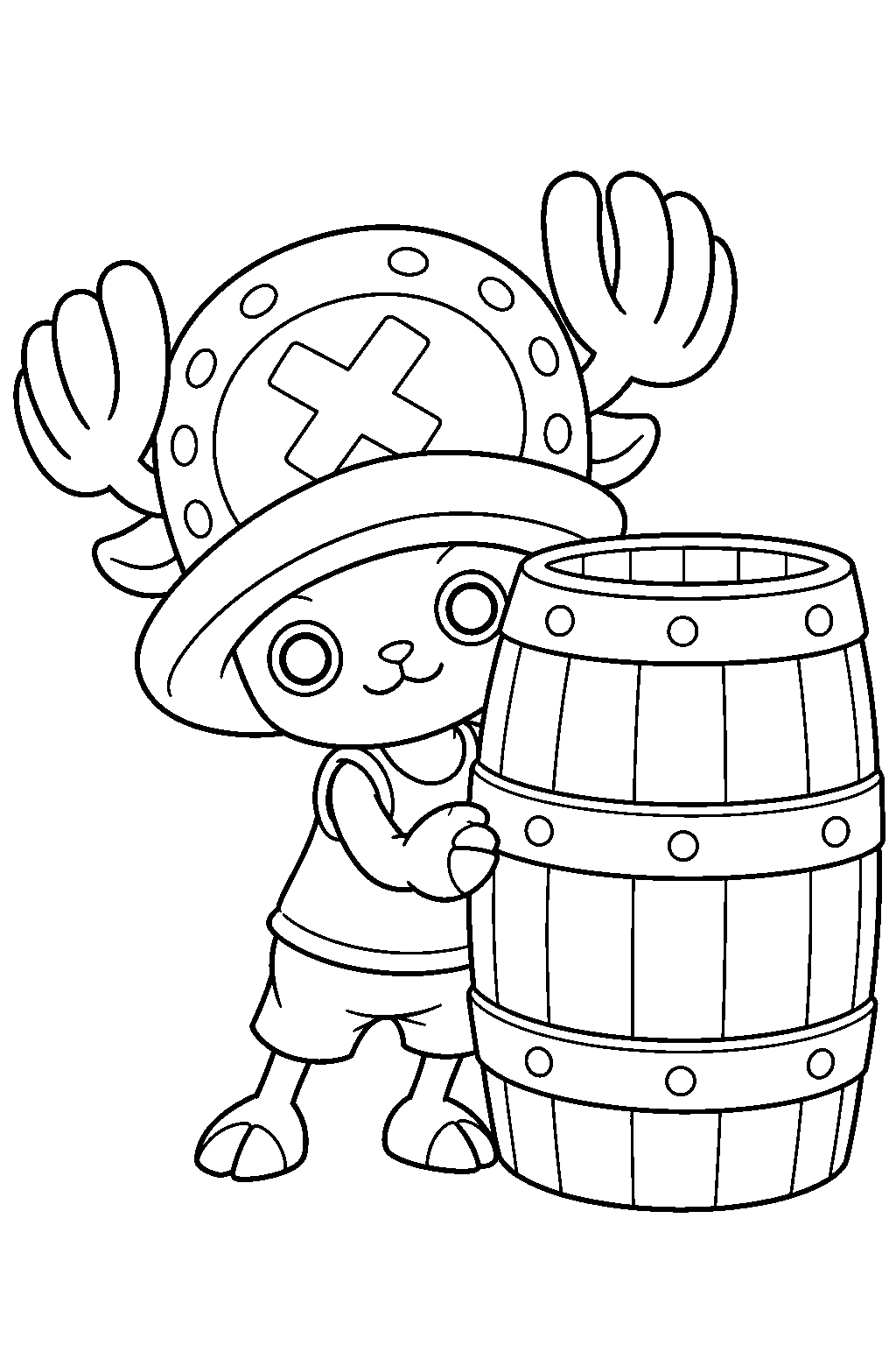 one piece tony tony chopper hiding behind a barrel line art