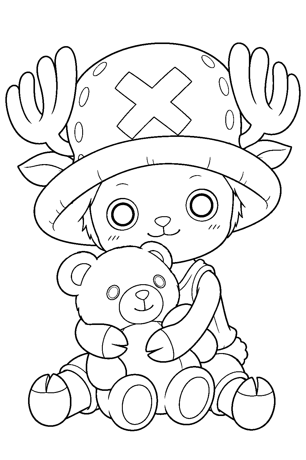 one piece tony tony chopper hugging a teddy bear line art
