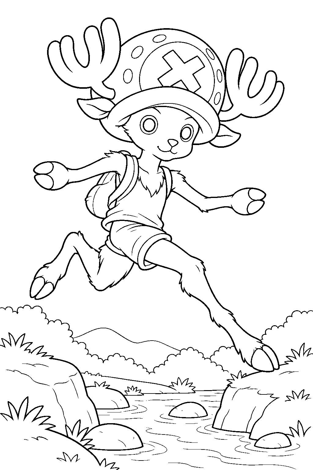 one piece tony tony chopper leaping in jumping point over a stream line art