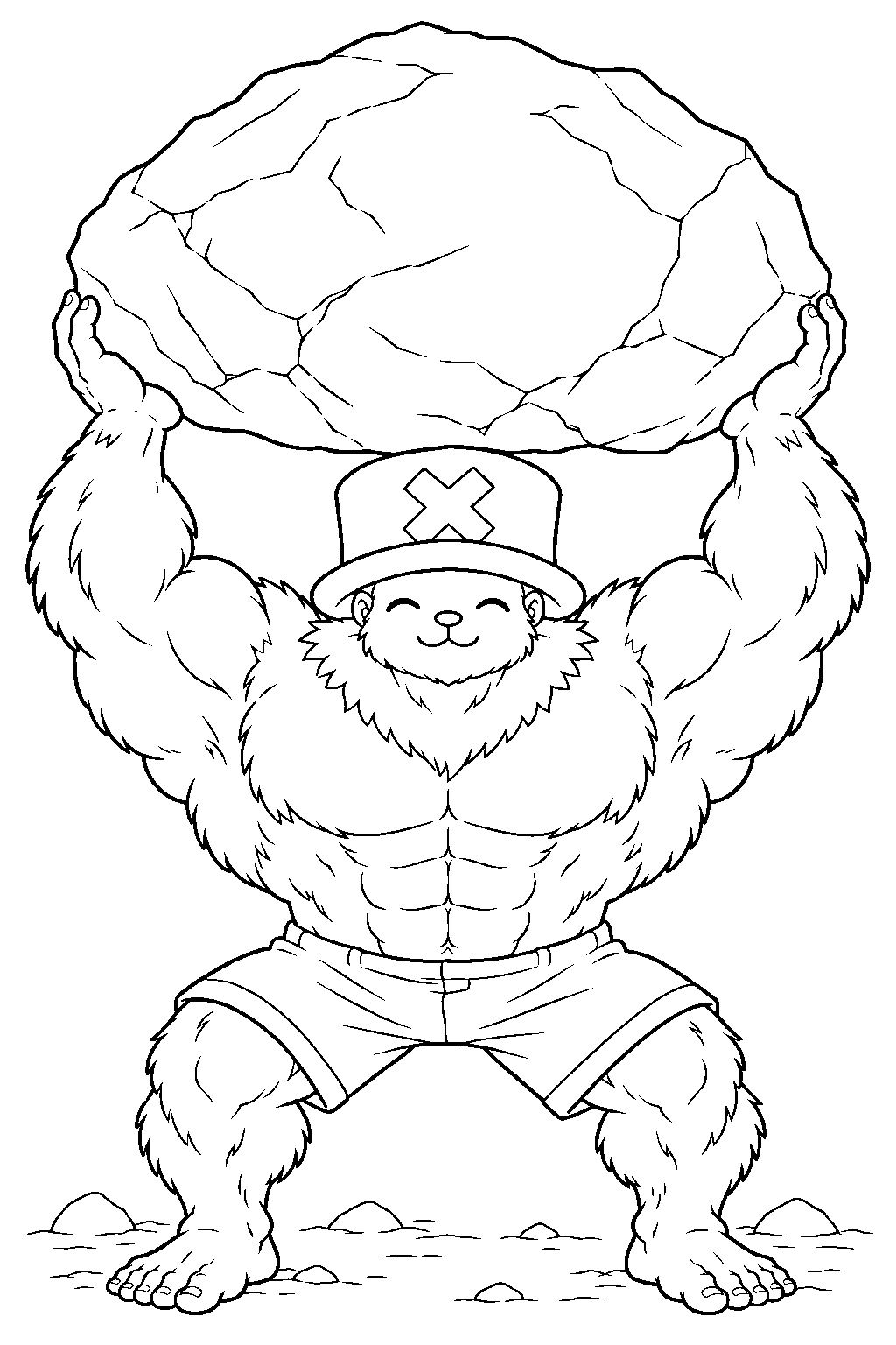 one piece tony tony chopper lifting a boulder in heavy point line art