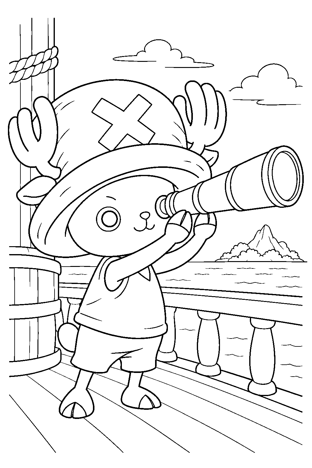 one piece tony tony chopper looking through a telescope at sea line art