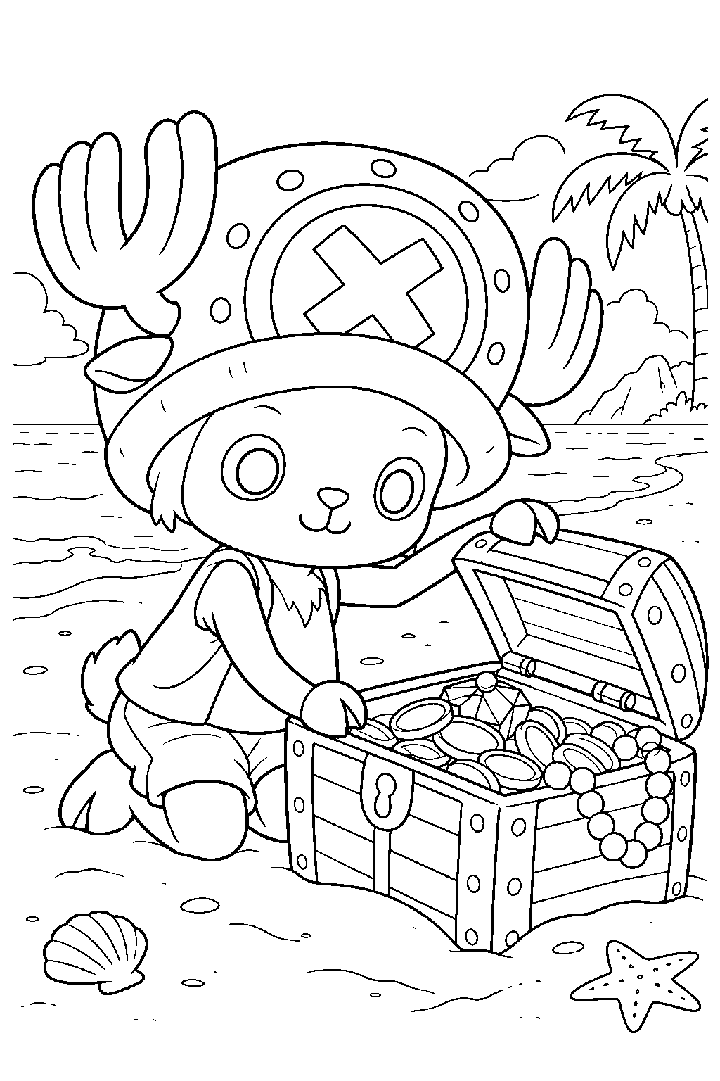 one piece tony tony chopper opening a treasure chest on a beach line art