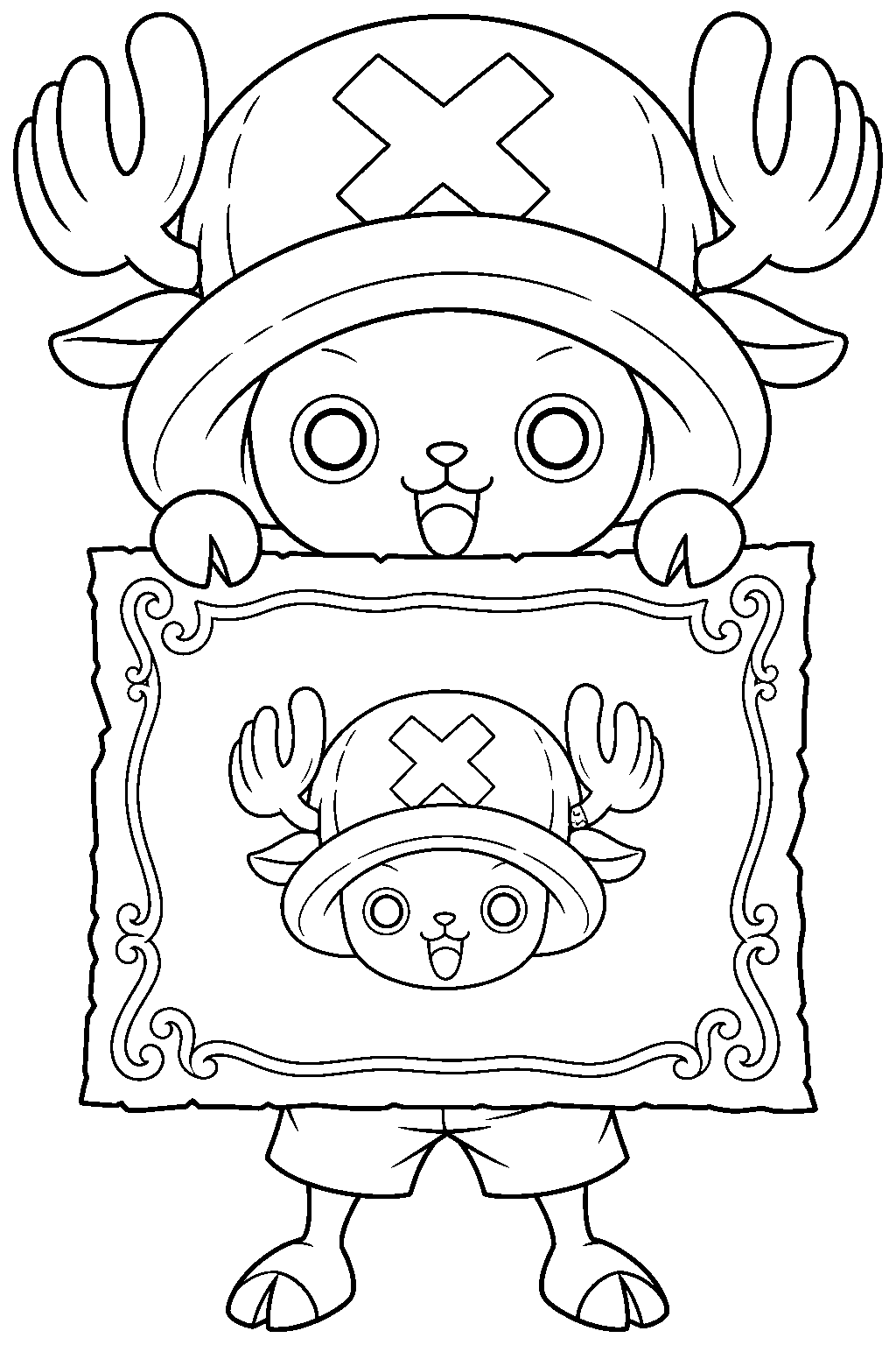 one piece tony tony chopper peeking over his wanted poster line art