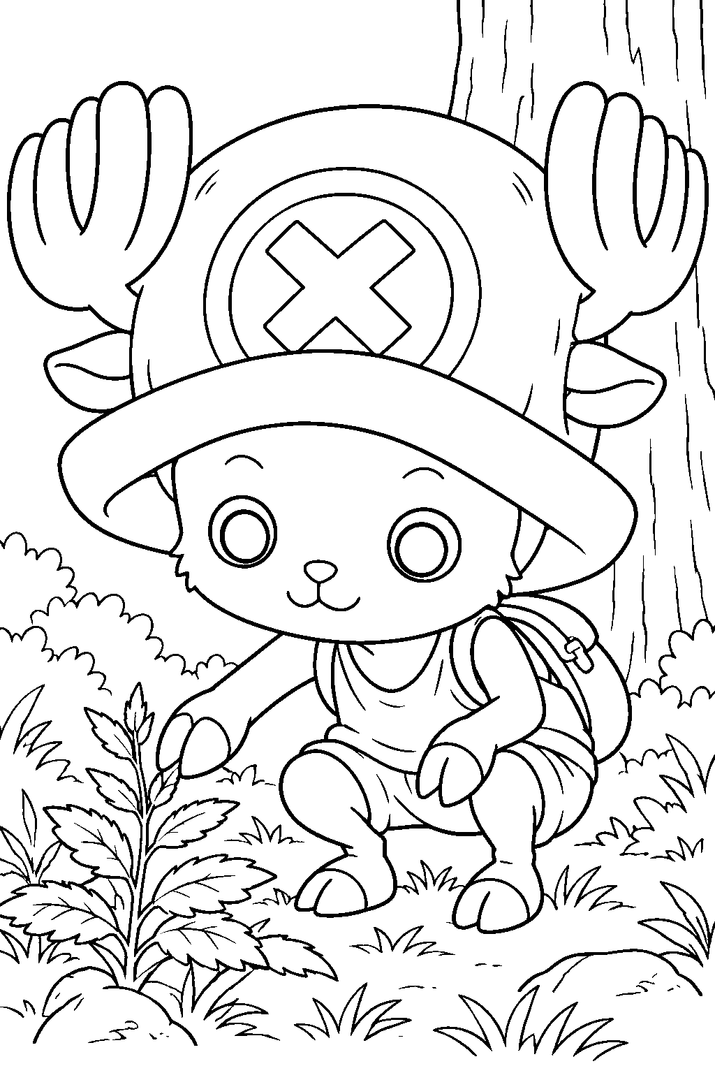 one piece tony tony chopper picking medicinal herbs in the forest line art