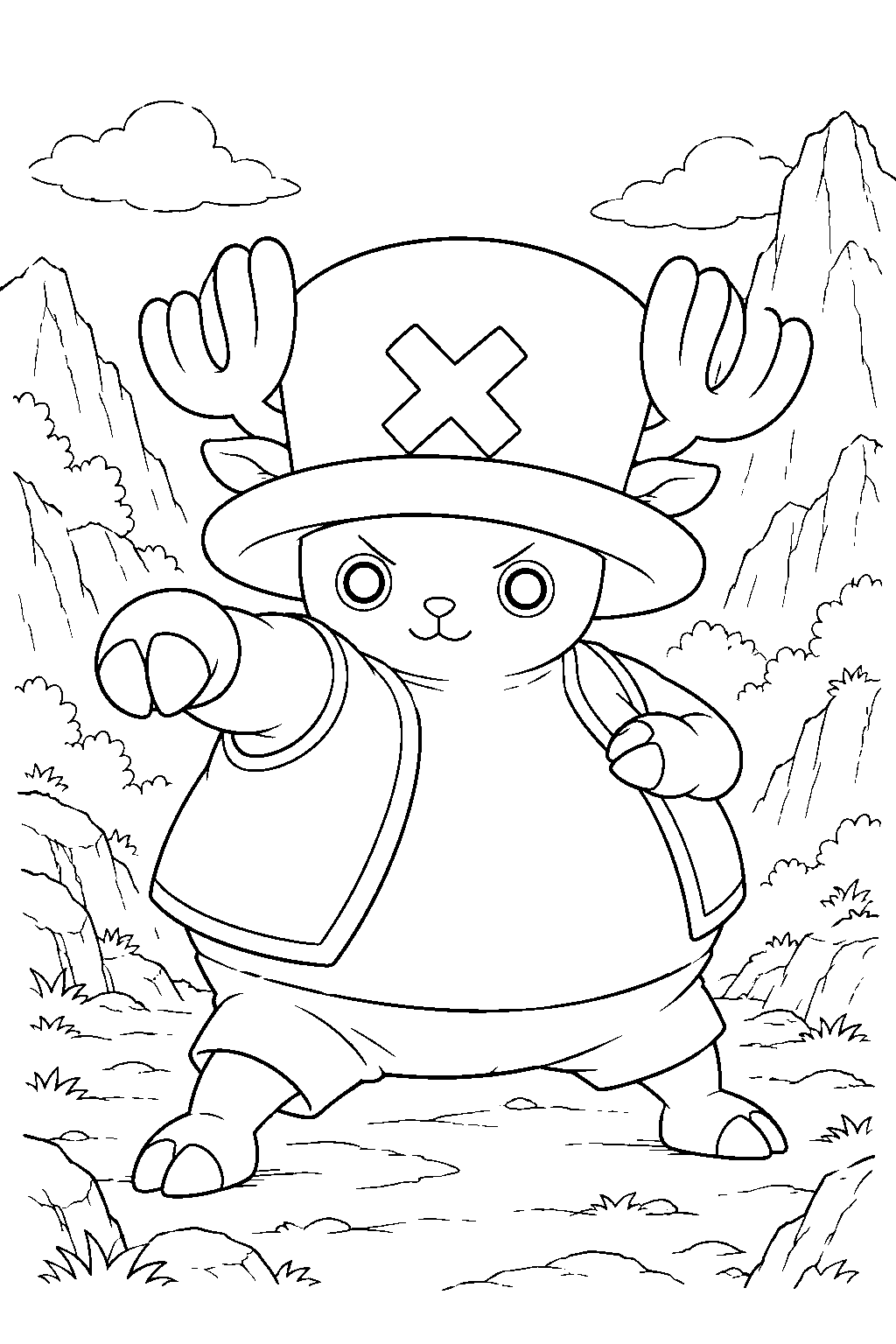 one piece tony tony chopper practicing kung fu point on a mountain path line art
