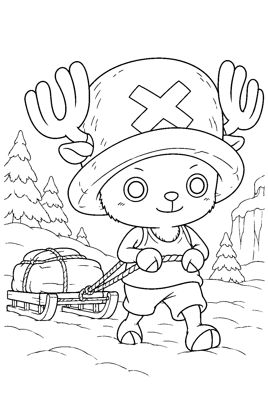 one piece tony tony chopper pulling a sled on drum island line art