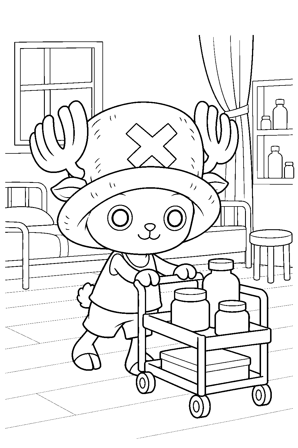 one piece tony tony chopper pushing a medicine cart in the infirmary line art